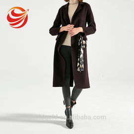 Wool Long Women's Casual Winter Coats Dark Brown Color With Printed Belt
