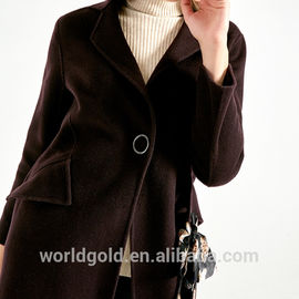 Wool Long Women's Casual Winter Coats Dark Brown Color With Printed Belt
