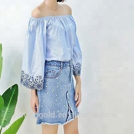 Custom Women Long Wide Sleeves Off Shoulder Blouse With Embroidery Decor